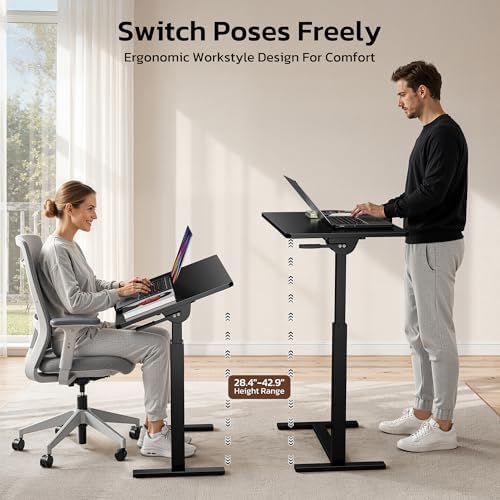 Mobile Standing Desk Adjustable Overbed Table, Pneumatic Height Adjustable Rolling Laptop Desk with Hidden Wheels, 0-180°Tilt Top Rolling Computer Cart Foldable for Home Office, Craft & Study, Black - Image 6