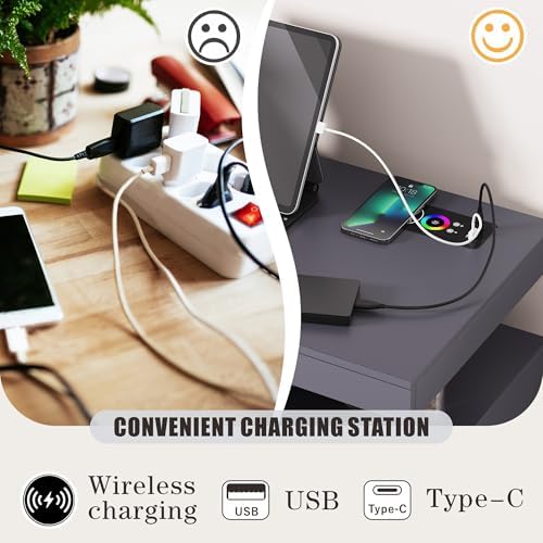 HWB Coffee Bar Cabinet with RGB Light & Charging Station, Gray - Image 5