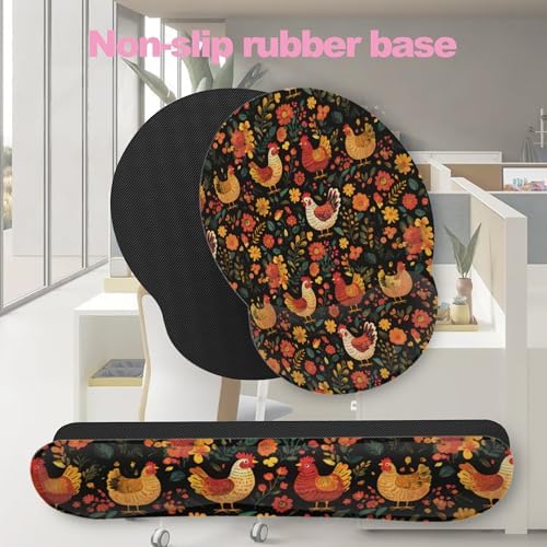 Chicken Rooster Hen Flower Meadow Mouse Pad with Wrist Rest Set,3-in-1 Wrist Support Mousepad Set,Gaming Mat Pad with Anti-Skid Base,Ergonomic Memory Foam Mouse Pad Set for Women,Office,Typing,Gaming - Image 7