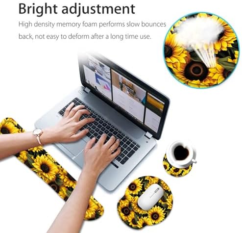 Keyboard Wrist Rest and Mouse Pad Wrist Support Set with Coaster,Ergonomic Mouse Pad,Comfortable for Easy Typing, Pain Relief,Memory Foam Keyboard Pad Set for Laptop Mac,Cute Yellow Sunflowers - Image 4