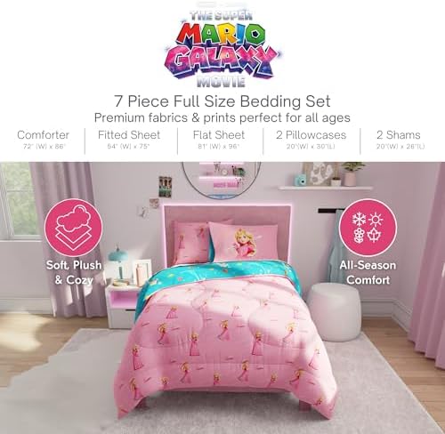 The Super Mario Galaxy Movie Bedding Set, Full Size 7 Piece Set Kids Super Soft Cozy Reversible Comforter and Sheet Set with Sham, Princess Peach (100% Officially Licensed Product) by Franco - Image 2