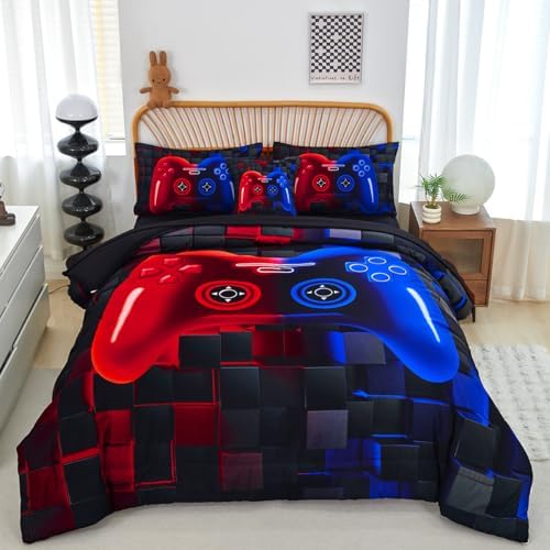 PERFEMET 6-Piece Boys Bedding Set Queen Size Red and Blue Game Console Kids Bed in A Bag Soft Lightweight 3D Cool Video Gamer Comforter Set with Sheets(Red Blue, Queen) by PERFEMET