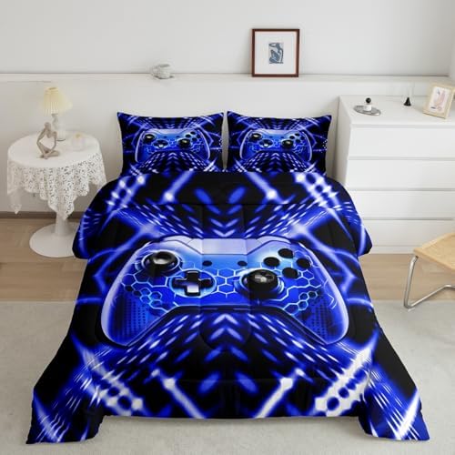 Feelyou Kids Boys Gamer Comforter Set Gaming Bedding Set Toddler Size for Boys Teens 3D Blue Black Geometric Game Controller Duvet Quilt by Feelyou
