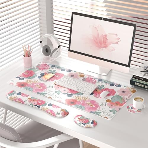 QiyI PU Leather Desk Mat Set, 4-in-1 Ergonomic Wrist Rest, Pink Flowers - Image 2