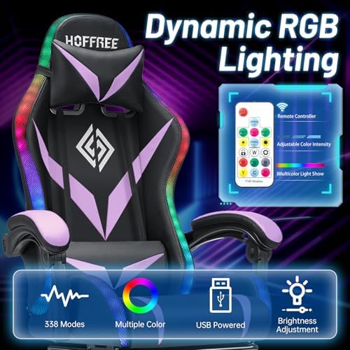 LED Gaming Chair with Speakers RGB Lights Massage Computer Chairs-Purple | Bluetooth Game Chairs for Adults;Ergonomic High Back Video Game Chair; Reclining Gamer Chair with Footrest Lumbar Support - Image 5