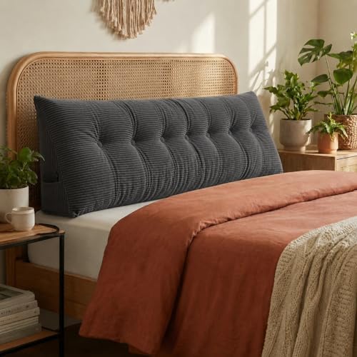 Wedge Reading Pillow Headboard King Size, Headboard Bolster Pillow for Bed, Triangular Backrest Cushion with Removable Corduroy Cover, Darkgrey by DVUAY