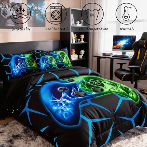 ZRNBAST Blue Green Gamer Comforter Set Full Size Boys Gaming Bed in a Bag - Image 2