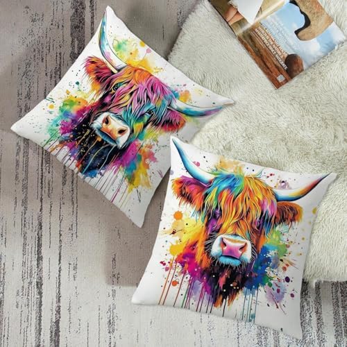 Highland Cow Pillow Cover 18x18 Inch Set of 4,Graffiti Western Farmhouse Cows Throw Pillow Cases,Watercolor Farm Animal Decor for Couch Sofa Country Cattle Cushion Covers Outdoor Bedroom Home Decor - Image 5