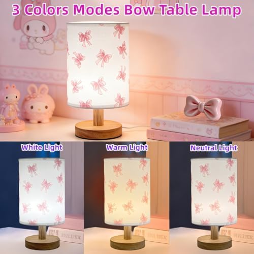 Pink Bow Bedside Table Lamp for Bedroom,Kids Room Decorative Lights 3 Colors Dimmable Nightstand Night Light with Flaxen Fabric Shade Desk Lamp for Girls Boys Birthday Gifts for Home Living room Decor - Image 2