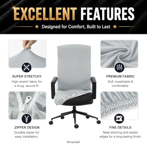 DIVA EN CAMINO DEC Stretch Office Chair Cover with Zipper, Soft Polyester Slipcover for Desk or Boss Chair, Light Gray - Image 4