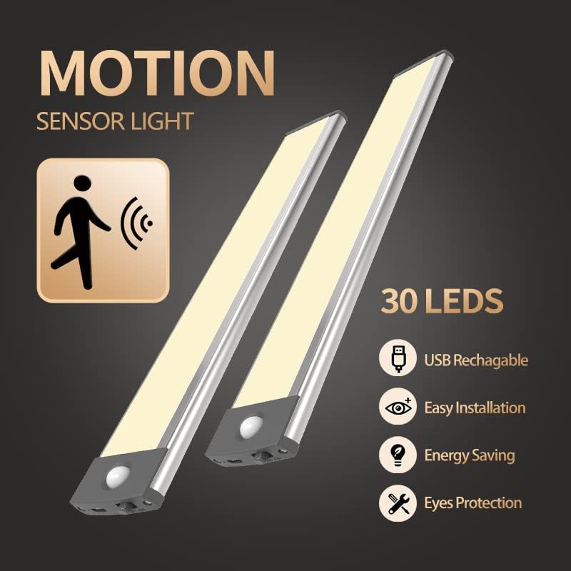 LEPOTEC 30 LED Under Counter Lighting, Motion Kitchen Cabinet Light, Battery Operated Closet Lights Pantry Light, Rechargeable Wireless Campervan Night Light,Warm White (2 Pack) - Image 2