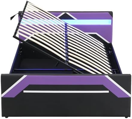 Merax Queen Size Gaming Bed with Built-in 7-Color LED Lighting Headboard, Side-Lift Hydraulic Storage Platform Bed, Cyberpunk Style, No Box Spring Needed, Black+Purple - Image 5