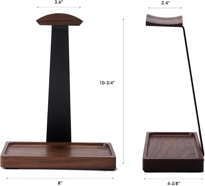 Walnut Headphone Stand, Wood Headset Holder for Desk with Storage | Wooden Gaming Headset Stand for AirPods Max/Bose/Razer/Sennheiser, American Black Walnut & Aluminum, Vintage Gift for Men - Image 5