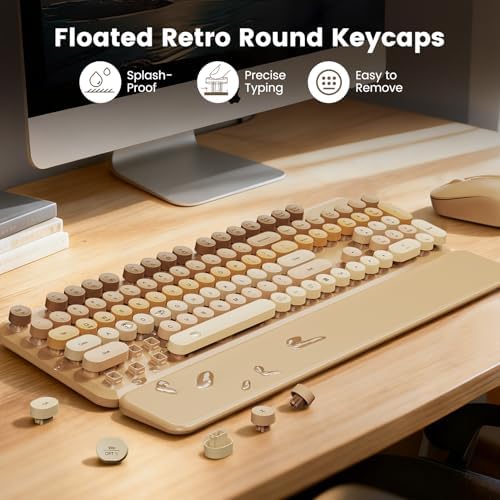 Wireless Keyboard and Mouse Combo, Full-Size Retro Typewriter Keyboard with Round Keycaps, Magnetic Wrist Rest & Tilt Legs, 2.4GHz Cordless for Mac/Windows PC/Laptop, SABLUTE CK23, Latte Gradient - Image 4