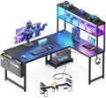 ODK 43" L Shaped Gaming Desk with Shelves, LED & Outlets, Black by ODK