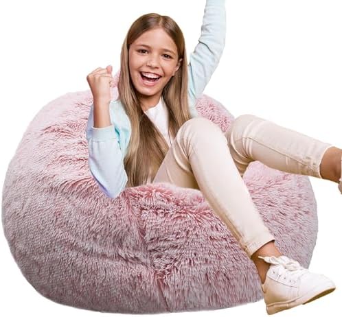 Fluffy Bean Bag Chair for Kids, 2.5FT Round Memory Foam Filled Bean Bag for Teens & Kids, Ultra Soft Faux Fur Fabric Bean Bag Chairs for Playroom, Living Room, Bedroom,Pink by Unknown