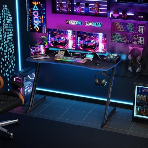 BestOffice Gaming Desk Z Shaped 47 inch PC Computer Desk Computer Workstation Ergonomic Gaming Table with Headphone Hook for Game Players, Black&Blue - Image 2