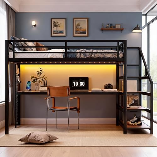 Queen Size Loft Bed with Desk and Storage Stairs, Metal Loft Bed Frame with LED Lights, Charging Station, and Multi-function Iron Nets, Loftbed for Kids, Teens, Adults, Noise-free, Black and Wood - Image 4