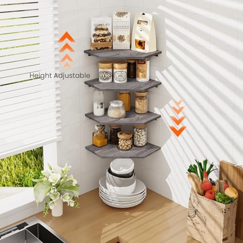 Homode Corner Shelf Wall Mount, Set of 4 Corner Floating Shelves with Cord Hole, Wall Shelf Organizer, Wood Hanging Storage Shelving for Bathroom Bedroom Kitchen, Rustic Grey - Image 7
