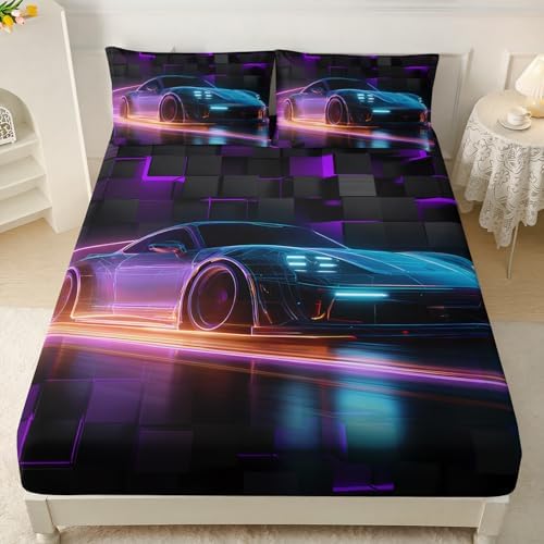 HOSIMA Boys Race Car Bedding Sets Full,1 Fitted Sheet+2 Pillowcases. - Image 2