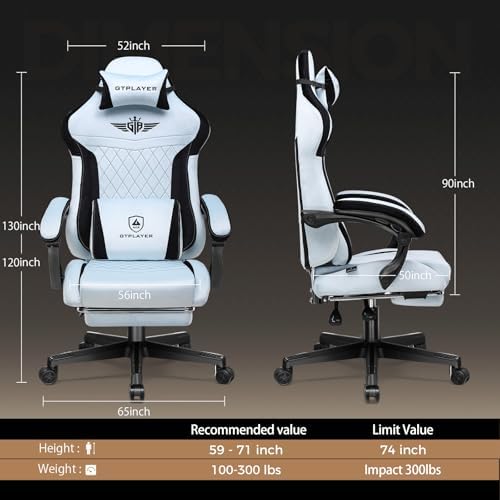 GTPLAYER Gaming Chair with Footrest, Big and Tall Game Chair High Back Computer Office Chair with Lumbar Support for Adults, Ergonomic Swivel Games Chair with Cushion Gaming, Fabric Light Blue - Image 2