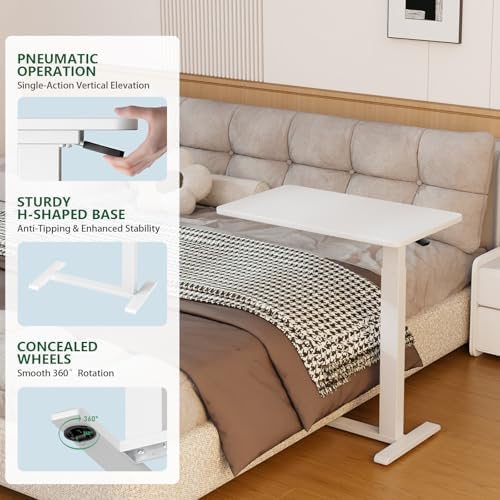 Ywin Hospital Bedside Table with Wheels, Pneumatic Lift, White - Image 5