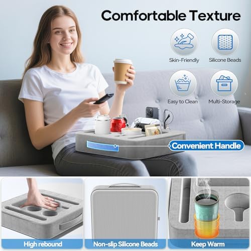 Couch Cup Holder Tray, Couch Caddy for Drink, Snack, Phone, Remote, Ipad, Game Controller, Large-size Sofa Cup Holder for Bed, Sofa, Car, Desk, Gray - Image 5