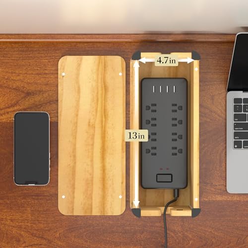 Delamu Wooden Cable Management Box, Retro-Inspired Cord Organizer Box for Home Office, Large Cord Hider Box Hides Floor Cord and Power Strips, Floor Cord Covers, 14.3" x 6.0" x 5.5", Light Wood Color - Image 4