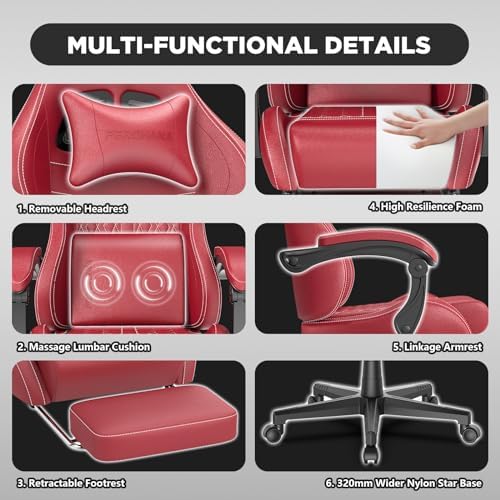 Ferghana Vintage PU Leather Gaming Chair, Ergonomic Gamer Chair with Massage, High Back Computer Office Chair with Footrest for Adults, Racing Style Reclining Video Game Chair (Red) - Image 5