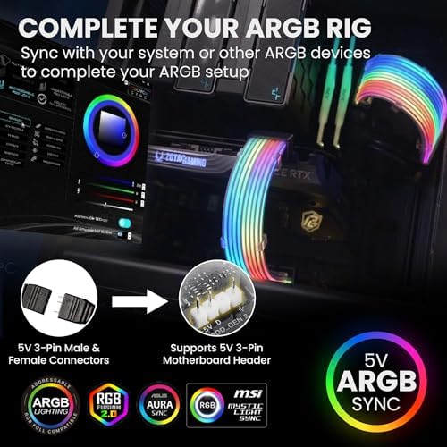 TECWARE Flex RGB Cable Cover Kit | Compatible with 24-Pin Motherboard and 8-Pin/16-Pin GPU | ARGB PSU Cable Extension with 5V 3-Pin Sync | RGB Lighting Kit for PC Cables | White - Image 6