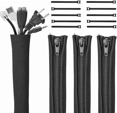 4-Pack Cable Management Sleeve with 10 Cable Clips for Wires, Nylon Zipper Tie for Desk Wire Organization, Adjustable Computer Cord Cover for Office Home Use by Gobelieve