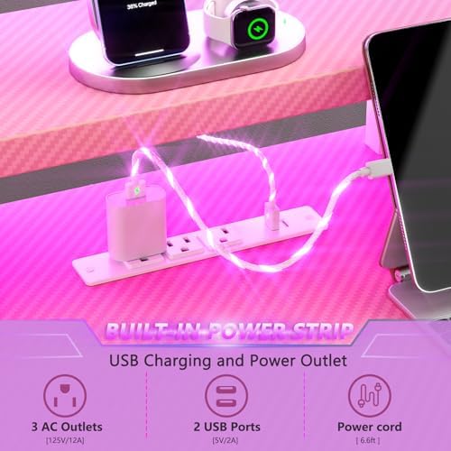 Korfile 55 Inch Pink Gaming Desk with Power Outlet & LED Lights, Corner Computer Desk with 3 Tiers Storage Shelves, L Shaped Gaming Desk with Monitor Stand for Bedroom - Image 5