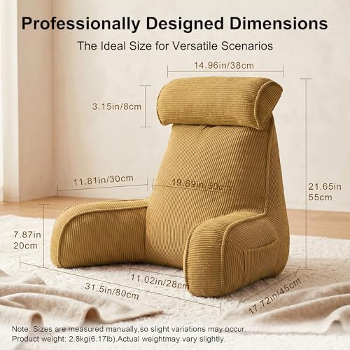 Bed Rest Reading Pillow, Backrest Pillow with Arms, Corduroy Back Support Cushion with Side Pockets & Washable Cover, for Sitting Up in Bed, Sofa Relaxing & Watching TV, Mustard Yellow - Image 4