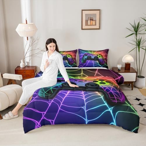 Gamer Bedding Set Rainbow Spider Web Kids Bedding Sets for Boys,Ball Game Consoles Boys Bedding Gothic Cobweb Sports Bedding Sets for Boy Queen,Gaming Decor for Boy Bedroom Decor Gamer Gifts - Image 2
