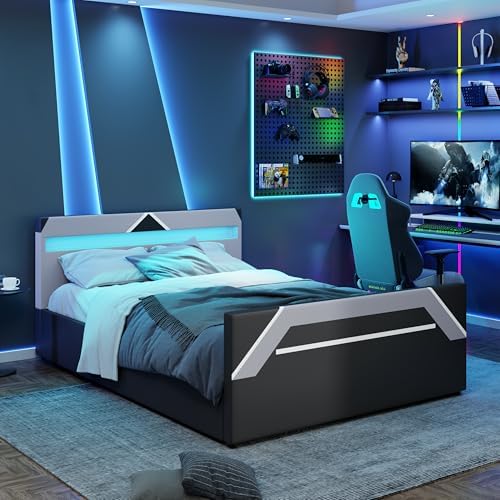 Merax Queen Size Gaming Bed with Built-in 7-Color LED Lighting Headboard, Side-Lift Hydraulic Storage Platform Bed, Cyberpunk Style, No Box Spring Needed, Black+Gray - Image 4