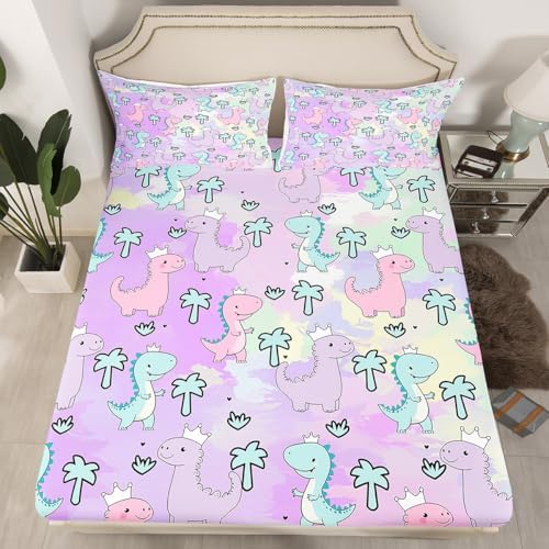 Erosebridal Dinosaur Bed Sheets Full Size, Kawaii Dinosaur Bedding Sets for Kids Girls Boys Gift Bedroom Decor, Cartoon Cute Animals Flat Sheet,Palm Leaf Sheet Set, Green Purple Pink - Image 2