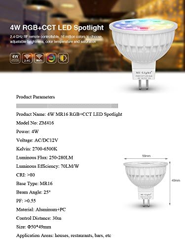 LGIDTECH FUT104 Miboxer 4W MR16 Led 2.4GHz Bulb Spotlight GU5.3 Socket AC/DC 12V RGB+CCT Color and Temperature Changeable Dimmable,But Single Bulb Wouldn't Work.Controller and Hub is Sold Separately - Image 2