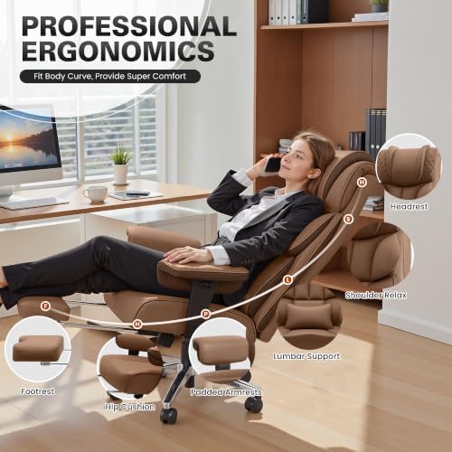 BestGlory Office Desk Chair, Big and Tall Leather Gaming Chair with Footrest, Ergonomic Comfy Executive High-Back Reclining Computer Chairs, Wide Swivel Rolling Wheels and Padded Lumbar Support, Khaki - Image 3