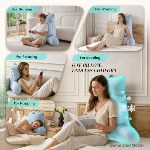 Adjustable Firmness Waffle Support Cooling Reading Pillow, Sky Blue, 29" - Image 3
