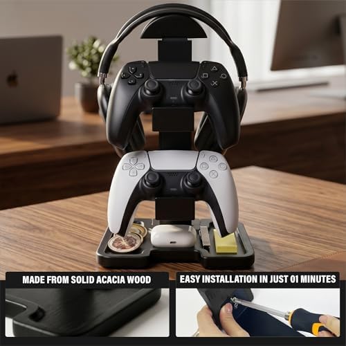 Gaming Equipment Headset Stand with Dual Controller Organizer Rack & Storage Base, Headphone Stand Gamer Gifts for Men Teenage Boy, Unique Gifts for Gamers to Organize Gaming Accessories (Black Wood) - Image 5