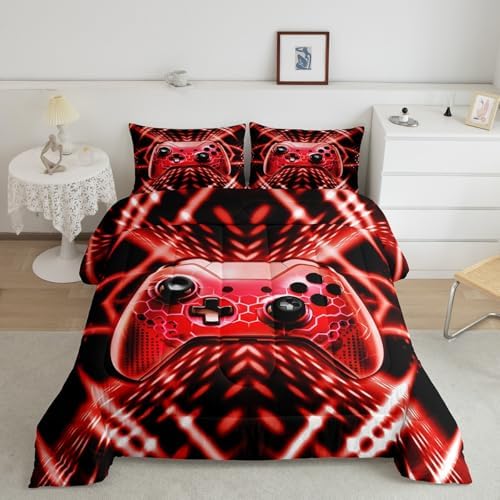 Feelyou Gamer Bedding Set Toddler Size Kids Gaming Comforter Set for Boys Girls Teens Game Room Decor Red Black Geometric Game Controller Duvet Quilt by Feelyou