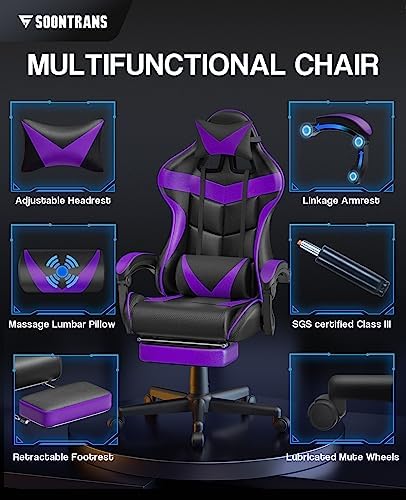 Soontrans Purple Gaming Chair with Footrest, Ergonomic Gamer Chair, Video Game Chairs with Adjustable Headrest, Removable Lumbar Support Office Chair, Game Chairs for Adults Teens(Purple) - Image 3