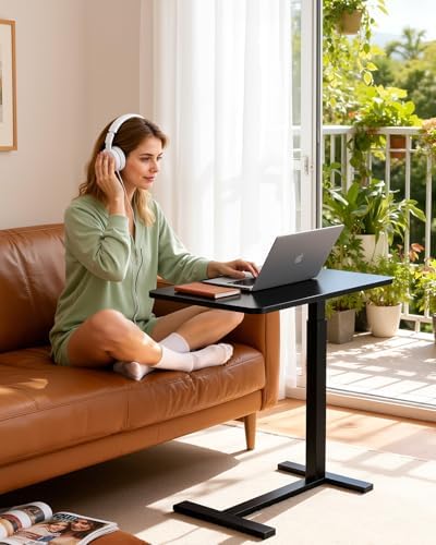 Overbed Bedside Table with Hidden Casters, Adjustable Pneumatic Mobile Laptop Computer Standing Desk, Rolling Laptop Table, Movable Overbed Table Hospital Home Use, Black - Image 2