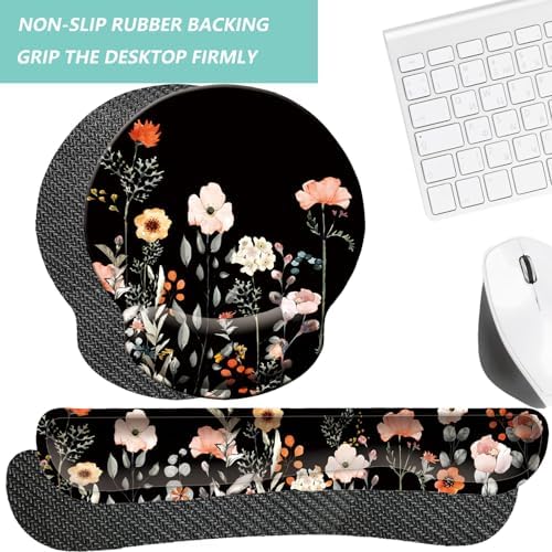 Keyboard Wrist Rest Pad Mouse Pad with Wrist Support Set of 3, Mousepad with Non-Slip Rubber Base, Ergonomic Memory Foam Mouse Wrist Cushion Support for Home Office Laptop Computer, Flower Black - Image 4