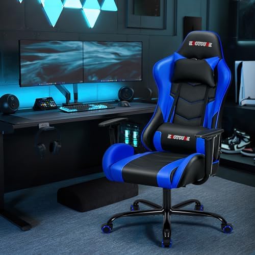 ECOTOUGE Ergonomic PC Gaming Massage Recliner Chair | Racing PU Leather, Swivel Rocker, Headrest, Lumbar Pillow, Desk Chair, Adjustable Height, Sturdy Base, Black & Blue - Image 2