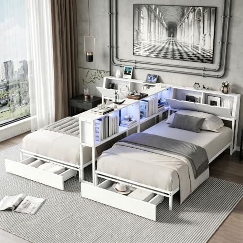 White Corner Bed with Drawers, Bookcase, Light & Charging Station,Twin/Twin - Image 4