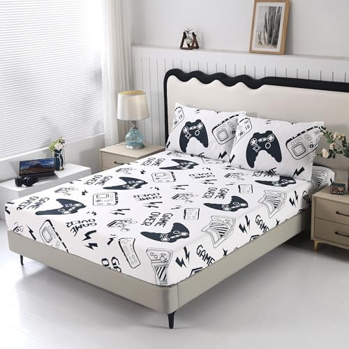 SDIII White Gamer Fitted Sheet Twin with 2 Pillowcases, Deep Pocket Soft Microfiber Gaming Bed Sheet Twin Size for Kids Boys Girls by SDIII