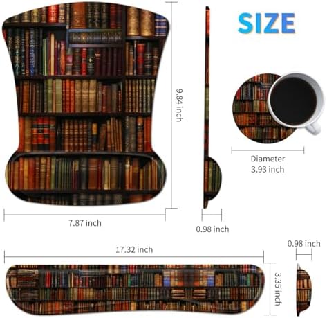 Ergonomic Mouse Pad with Wrist Support Gel Mousepads and Upgrade Keyboard Wrist Rest Pad Set, Coasters Non-Slip PU Base Mouse Mat for Office Gaming Computer Laptop Home, Library Books - Image 2
