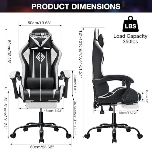 HOFFREE LED Gaming Chair with Massage RGB Lights Computer Game Chair-White | Ergonomic Reclining Gamer Chair with Footrest High Back Video Game Chair with Adjustable Lumbar Support Linkage Armrest - Image 3