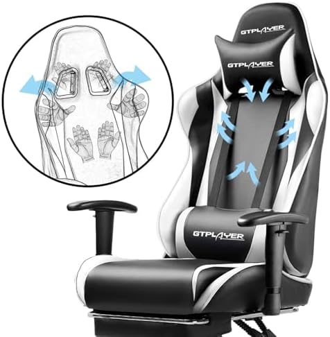 GTPLAYER Gaming Chair with Footrest, Ergonomic Computer Game Desk Chair, Reclining Game Chair Seat Height Adjustment, Swivel Rocker with Headrest and Lumbar (White) - Image 6
